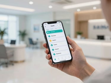 Close-up of hands holding a modern smartphone displaying a clean health app interface in a bright, high-end medical clinic lobby, professional lighting