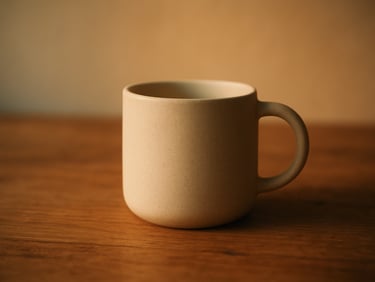 Close-up of minimalist ceramic vessel on a wooden table under soft morning light, warm earth tones, peaceful atmosphere