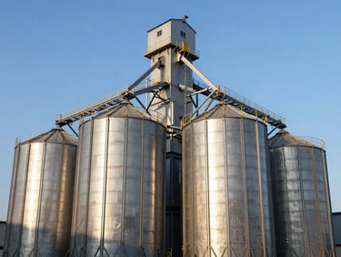 Industrial architectural photography of a massive rice drying facility and silos, silver metallic textures, bright daylight.