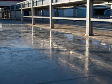 Close-up of a perfectly polished industrial concrete floor reflecting overhead metal structures, sharp focus, high-contrast daylight