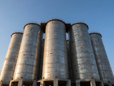 Low-angle architectural shot of a massive concrete foundation for a grain silo under construction, dramatic morning light, steel reinforcement structures visible, industrial scale