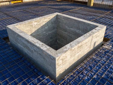 Deep concrete receiving hopper under construction, industrial scale, steel reinforcement mesh visible, sharp focus, bright daylight