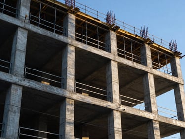 Deep concrete elevator shaft structure under construction, industrial steel scaffolding, low-angle shot, sharp focus, metallic blue tones