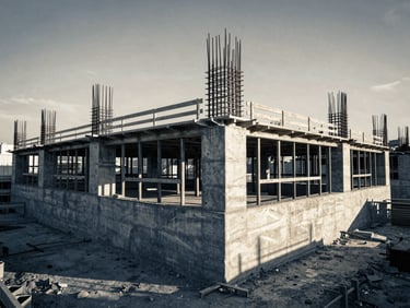Vintage-toned architectural photo of concrete foundation pouring on a construction site, structural steel reinforcement visible.