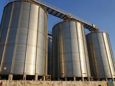 Massive concrete base under construction for steel grain silos, low-angle shot, sharp industrial details, golden hour lighting