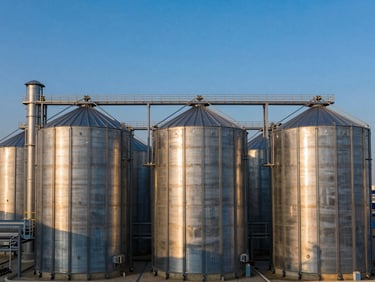 Wide-angle panoramic shot of a modern agro-industrial complex with multiple metallic silos under golden hour sunlight.