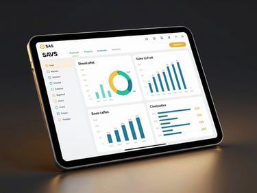A sleek 3D tablet mockup displaying a high-fidelity SaaS dashboard with interactive charts and gold accents, set against a dark backdrop with subtle golden rim lighting.