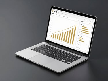 Isometric 3D laptop mockup on a dark reflective surface, showcasing a sleek SaaS dashboard with gold accent charts and subtle rim lighting.