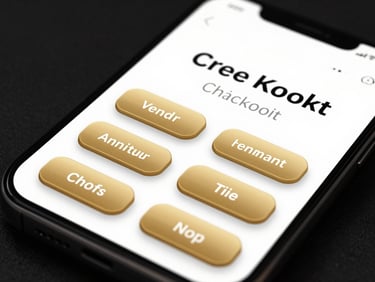A close-up 3D mockup of an e-commerce checkout interface on a mobile device screen, featuring crisp golden buttons and clean typography under dramatic studio lighting with metallic reflections.