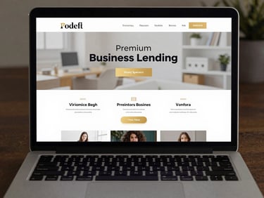 A premium business landing page mockup on a laptop screen, showcasing bold typography and structured conversion zones with subtle gold highlights.