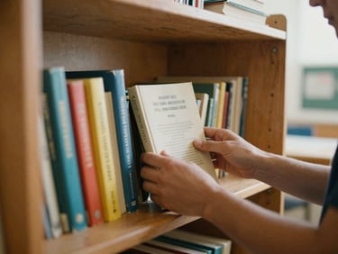 Candid documentary photo of hands organizing newly donated books on a wooden classroom shelf, warm morning light, shallow depth of field.
