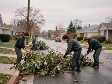 Volunteers clearing fallen branches from a residential street after a storm, overcast daylight, documentary style.