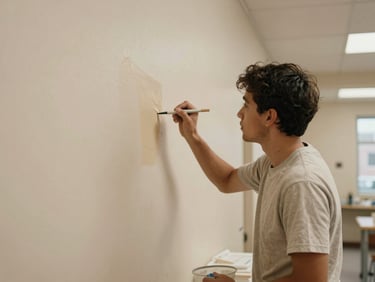 A volunteer in a simple t-shirt painting a clinic wall, natural overcast daylight, warm earthy tones, cinematic 35mm film look.