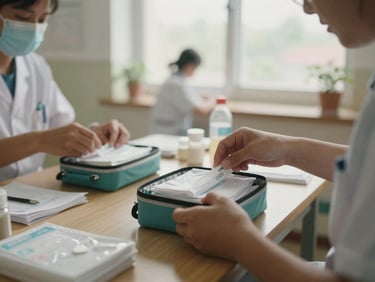 Hands assembling medical kits in a bright community clinic, overcast natural light, cinematic 35mm look.