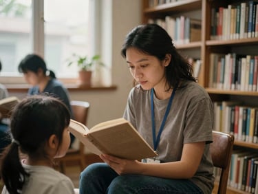 A volunteer reading with a child in a sunlit neighborhood library, candid, warm earthy tones.