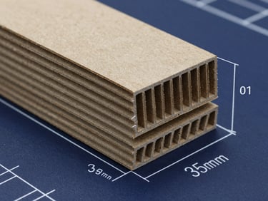 Technical CAD drawing showing cross-section dimensions of 5-ply corrugated fluting, white lines on deep navy background, highly detailed schematic, 35mm