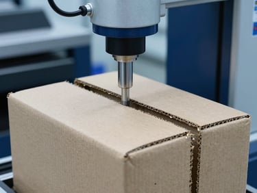 A close-up of a hydraulic compression testing machine crushing a thick 7-ply corrugated box, technical lab setting, cool blue tones, 35mm
