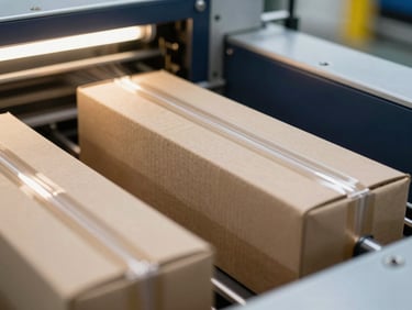 High-speed automated packaging line, corrugated boxes moving rapidly under warm industrial lights, motion blur on edges, sharp focus on flute profile