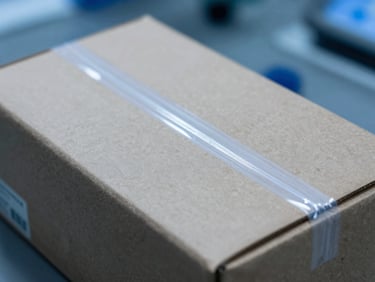 Macro shot of clean, sterile medical packaging box in a laboratory setting, cool blue surgical lighting, sharp focus on structural seals