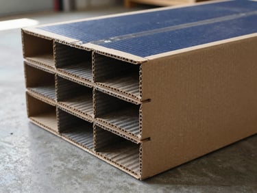 Heavy-duty 7-ply corrugated box cross-section showing thick fluting, resting on a clean concrete warehouse floor, dramatic side lighting from loading dock