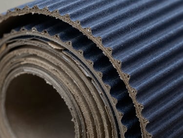 Macro close-up of heavy-duty 7-ply corrugated flute cross-section, sharp technical lighting reflecting off raw kraft paper, deep navy shadows, 35mm