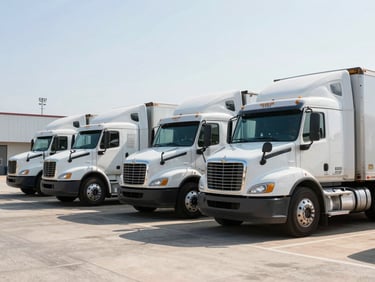 A row of clean, branded commercial freight trucks parked neatly at a Lancaster Pennsylvania terminal, bright morning daylight, crisp shadows.