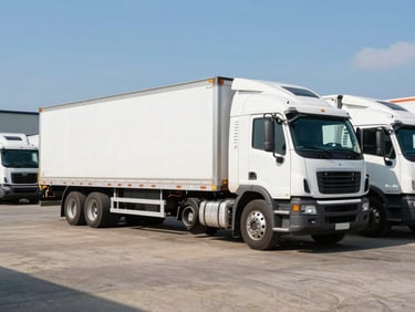 A clean commercial freight truck parked in a Lancaster fleet yard under bright morning daylight, crisp shadows, realistic saturated tones, sharp focus