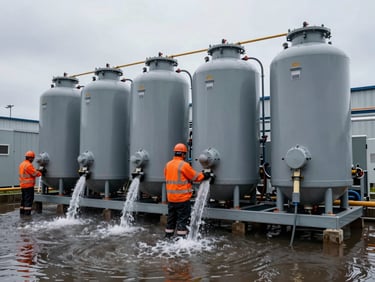 Technicians in safety gear operating industrial-grade desiccant drying equipment in a flooded commercial property, water being extracted, high-contrast cool grays with safety orange accents.
