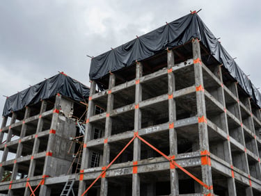 Heavy-duty temporary structural supports stabilizing a storm-damaged building, emergency tarps visible, overcast daylight, wide shot showing scale.