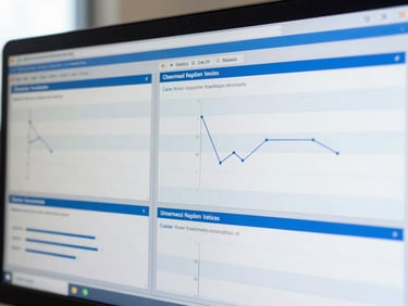 A close-up of statistical software interfaces displaying data models, bright natural daylight, clean corporate blue tones.