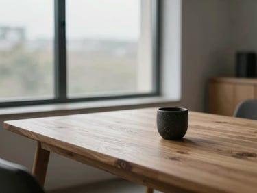 A clean minimalist workspace with zero clutter, a single dark stone cup on a raw oak desk, overcast daylight coming from a large window.
