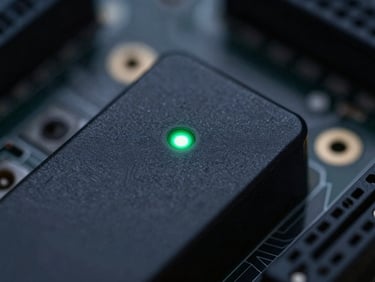 Macro close-up of a high-end server circuit board, dark charcoal tones with single electric green indicator light, sharp focus, shallow depth of field