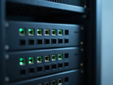 Macro close-up of dark server rack hardware with faint green terminal lights glowing, sharp focus, shallow depth of field, minimalist tech aesthetic