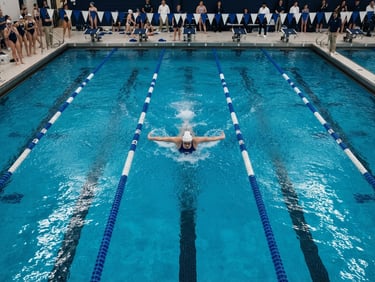Crisp sports photography, overhead composition of a clean indoor swimming pool with deep blue lane dividers, sharp focus, 35mm