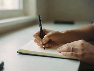 Close-up of hands writing in a journal at a clean desk, warm indoor lamp light, no faces, shallow depth of field, 35mm film style.