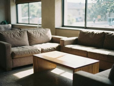 Sunlit common area with comfortable seating and a low coffee table, neatly arranged, warm natural light, no faces, 35mm film style.