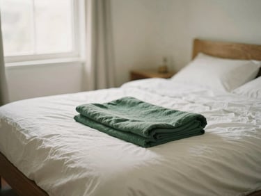 Warm documentary photo of a neatly made bed with crisp white linens and a folded green blanket in a clean, light-filled bedroom, soft natural light, no people visible, shallow depth of field.