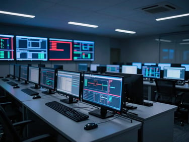 Architectural shot of a clean network operations center, multiple screens showing data flow, cool blue ambient light, sharp red LED accents, wide-angle lens.