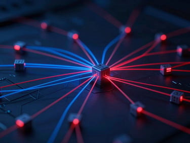 Abstract visualization of data packets flowing through a network, blue and red lines on a dark background, digital art style.