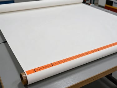 Wide-format banner roll partially unrolled on a production table, vivid print registration marks visible at the edge, flat studio lighting, no people