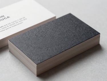 Flat lay of a stack of premium business cards on a light grey surface, sharp focus on embossed edges and spot-UV coating detail, bright even studio light, no people