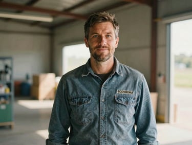 Medium environmental portrait of a local agricultural business owner standing in a sunlit warehouse, warm natural daylight, professional film style.