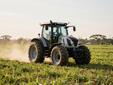 A heavy duty modern tractor working on a rich green field in Campeche, warm afternoon sun, dust particles in the air, professional environmental photography