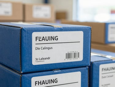 Close-up of labeled cargo boxes in a bright, clean warehouse, natural daylight, sharp focus on shipping labels