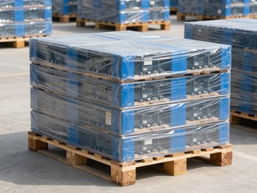 Pallets of electronic components stacked in a modern logistics hub, bright natural daylight, clean documentary style