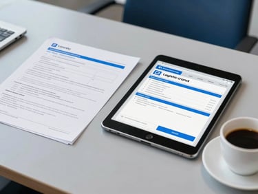 A professional desk with shipping documents, a tablet showing logistics tracking, and a cup of coffee, clean corporate blue tones