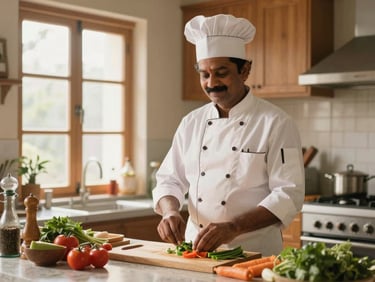 A professional cook preparing fresh ingredients in a warm, sunlit Indian kitchen, editorial portrait, 35mm