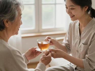 A respectful caretaker assisting an elderly person with a cup of tea in a warm, peaceful home environment, soft window light, 35mm