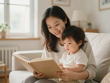 A warm, caring babysitter reading a book with a young child in a bright, comfortable living room, natural light, 35mm