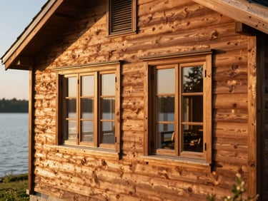 Renovated cottage exterior, warm editorial photography, crisp details, natural wood tones, golden-hour light.